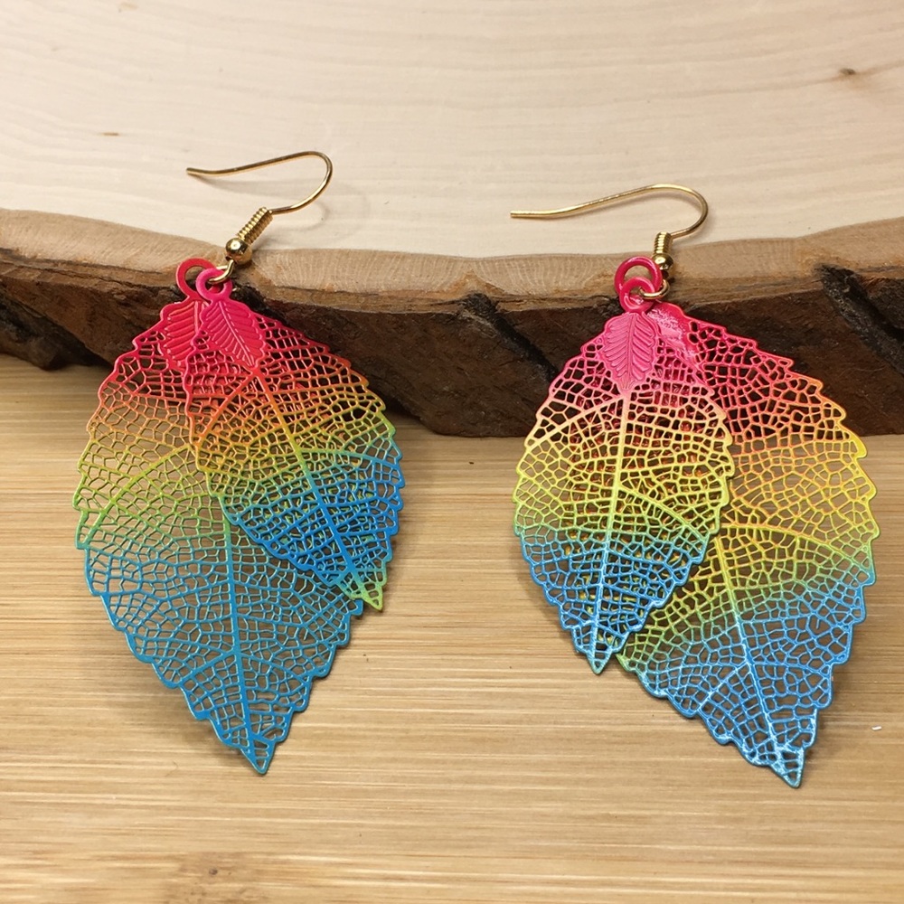 Double Rainbow Leaf Earrings  PRICE IS FIRM - Picture 4 of 8